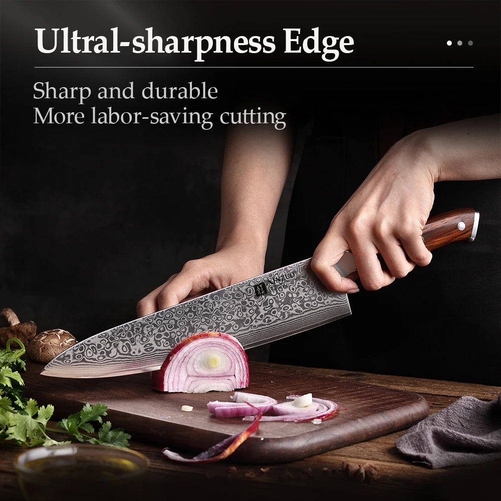 Japanese Damascus Steel Kitchen Knife Professional Cleaver Blade With Rosewood Handle