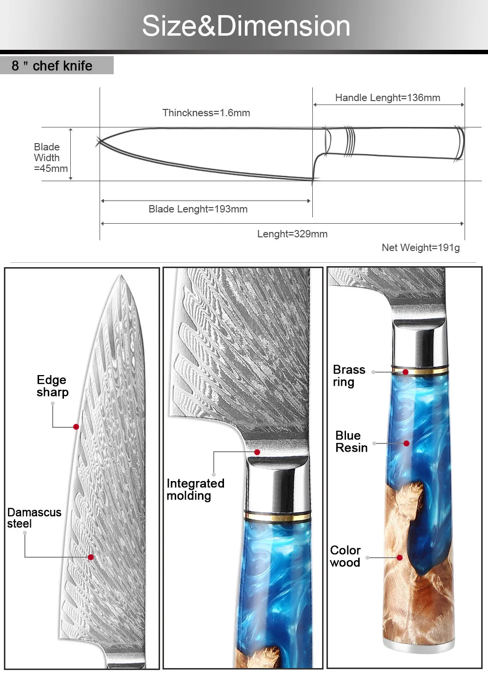 Chef Knife Exotic Touch of  Blue Resin Handle