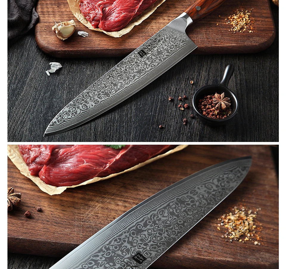 Japanese Damascus Steel Kitchen Knife Professional Cleaver Blade With Rosewood Handle