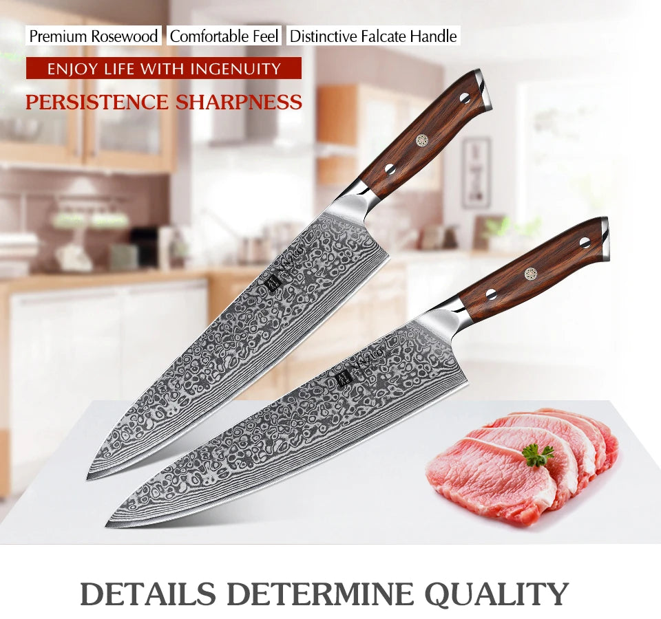 Japanese Damascus Steel Kitchen Knife Professional Cleaver Blade With Rosewood Handle