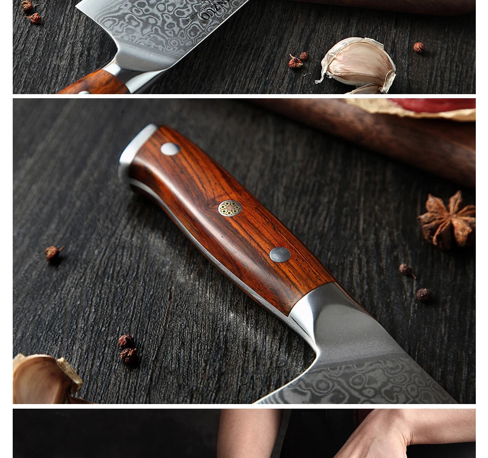 Japanese Damascus Steel Kitchen Knife Professional Cleaver Blade With Rosewood Handle