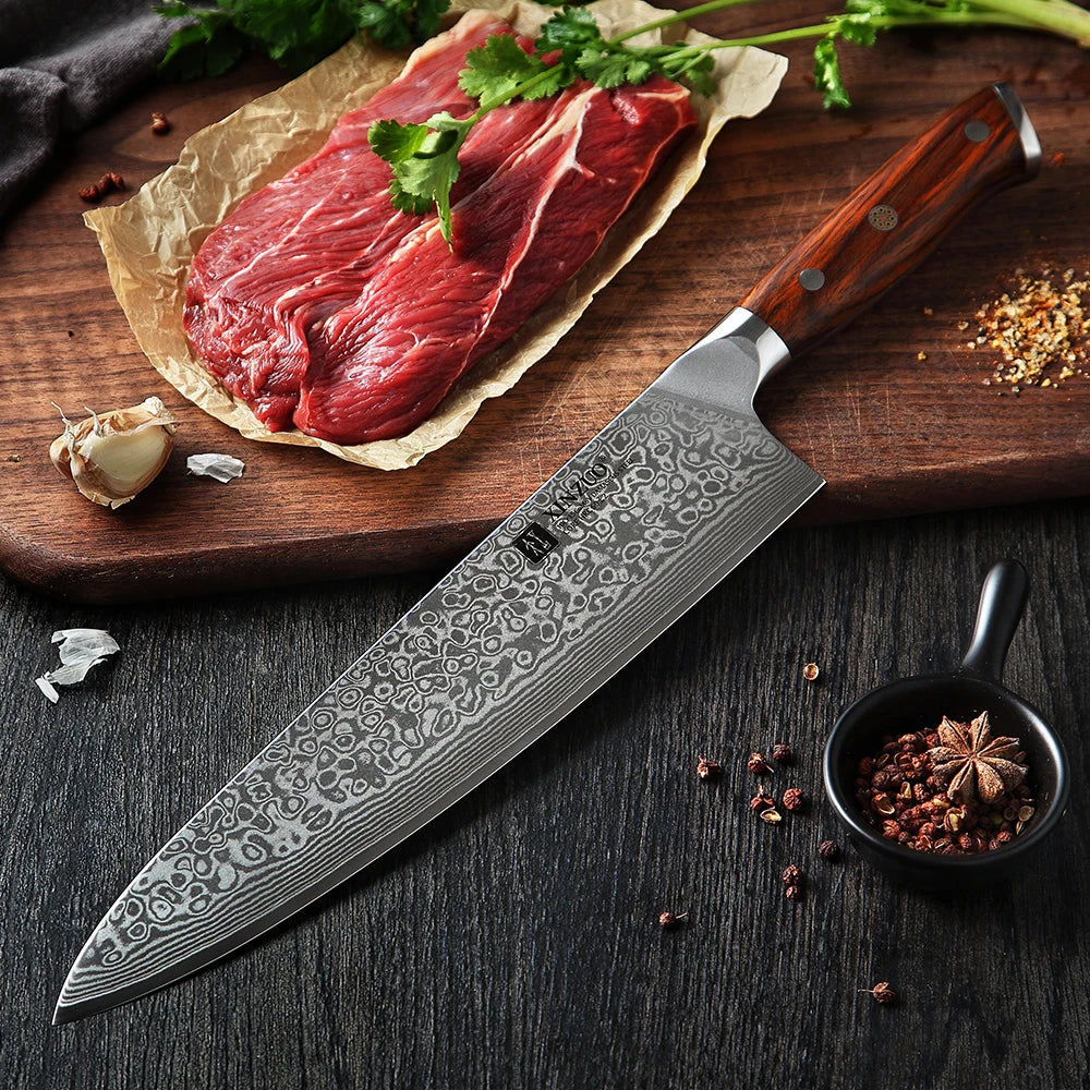 Japanese Damascus Steel Kitchen Knife Professional Cleaver Blade With Rosewood Handle