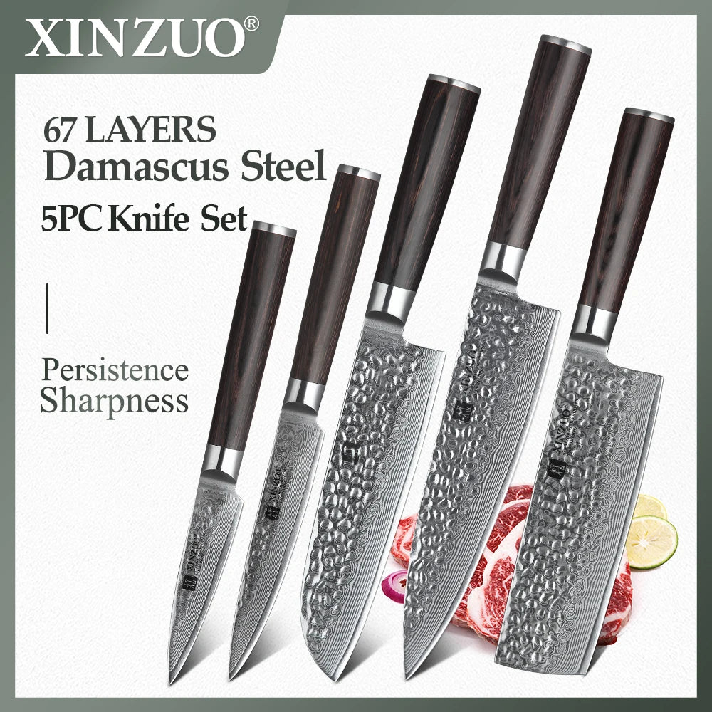 5PCS Chef Knife Set Damascus Set is Steel Utility Knife Pakkawood Handle Cutlery Slicer