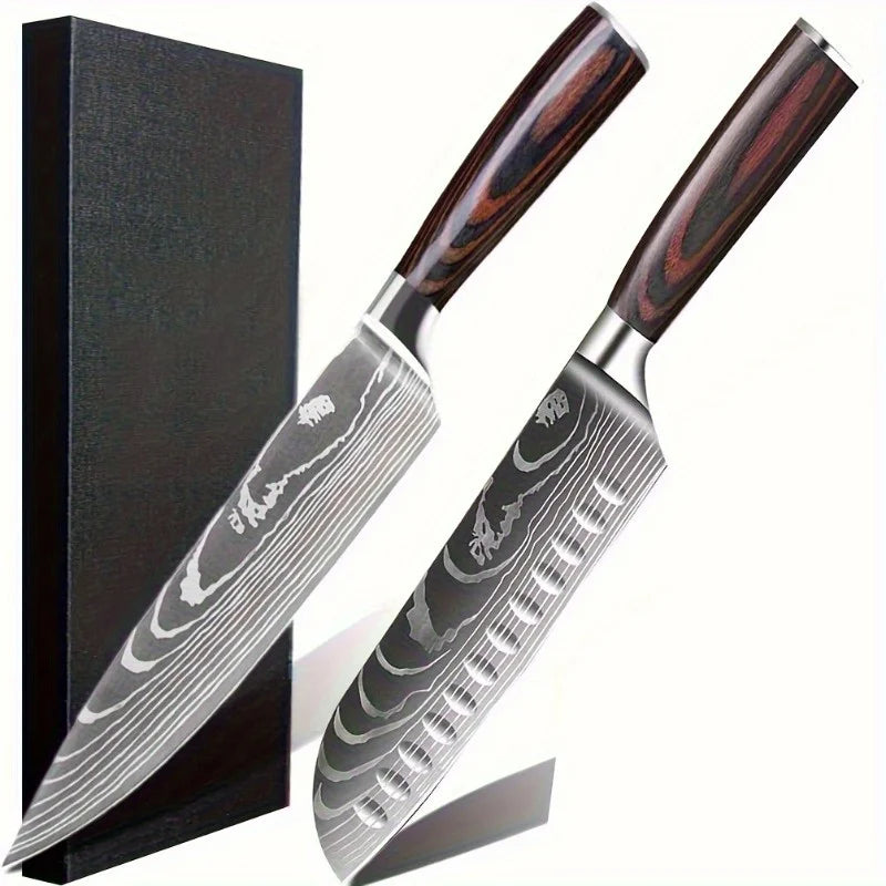 2 Pcs Kitchen Knife Set, 8" chefs choice knife, 7" santoku knife,  Ergonomically Pakkawood Handle, Japanese Knife Set