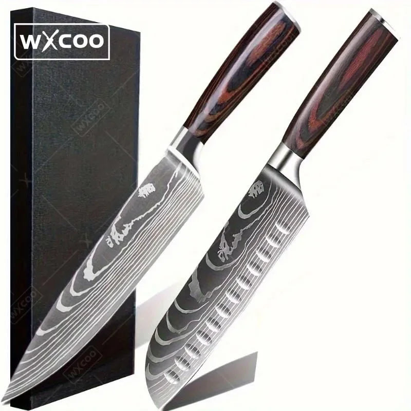 2 Pcs Kitchen Knife Set, 8" chefs choice knife, 7" santoku knife,  Ergonomically Pakkawood Handle, Japanese Knife Set