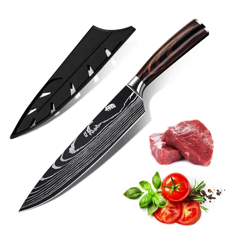 Gem Sharp Knife Wooden Handle Meat Cleaver Kitchen Paring Knives Laser Damascus Pattern Chef  Knife