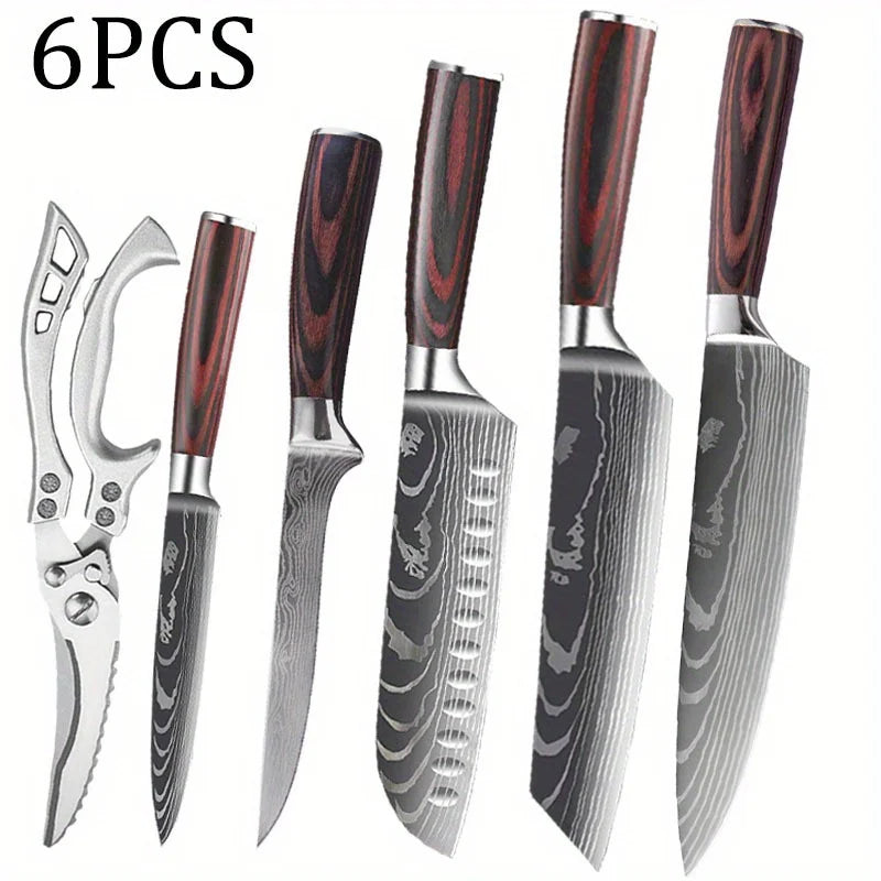 6 Pcs, Set of Damascus Drawing Gyuto Cleaver Set, Kitchen Chef Knife Set Kitchen Scissors