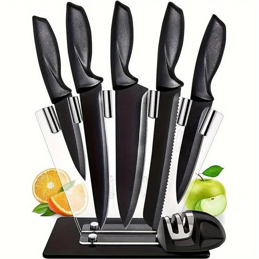 Set of 7 kitchen knives, a set of  black knives, professional chef's knife, acrylic stand, kitchen accessories