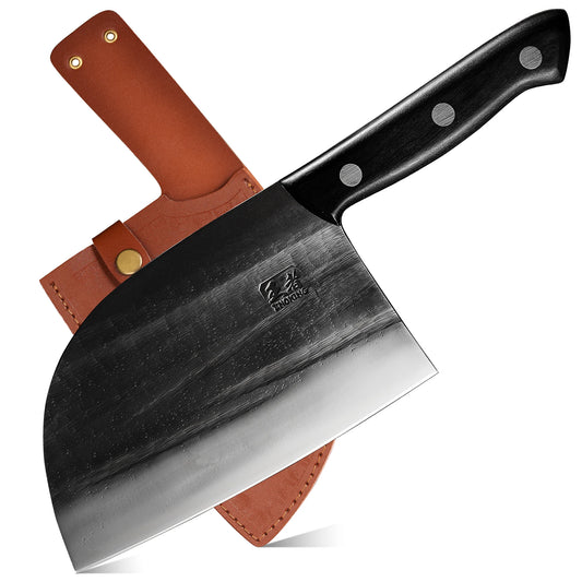 Serbian Chef Knife Handmade Professional Meat Cleaver Knife with Leather Sheath, for Kitchen, or Outdoors Camping, BBQ