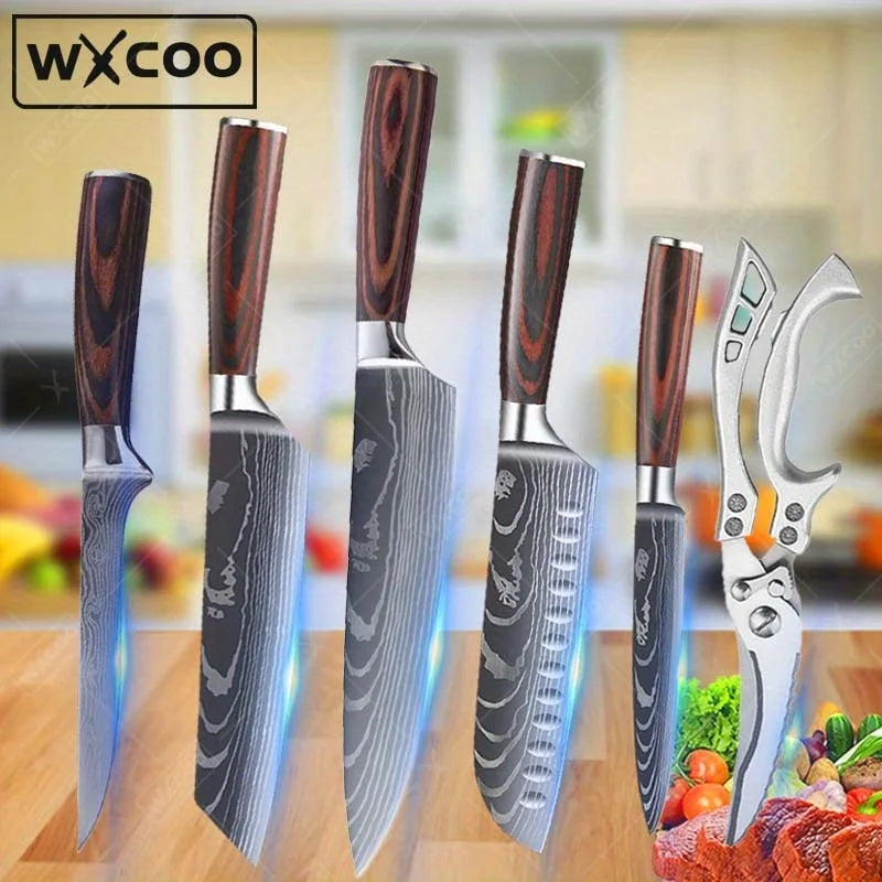 6 Pcs, Set of Damascus Drawing Gyuto Cleaver Set, Kitchen Chef Knife Set Kitchen Scissors