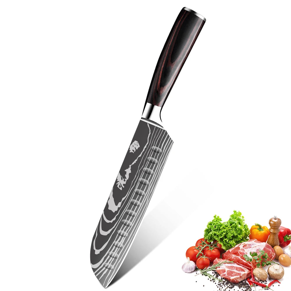 Gem Sharp Knife Wooden Handle Meat Cleaver Kitchen Paring Knives Laser Damascus Pattern Chef  Knife