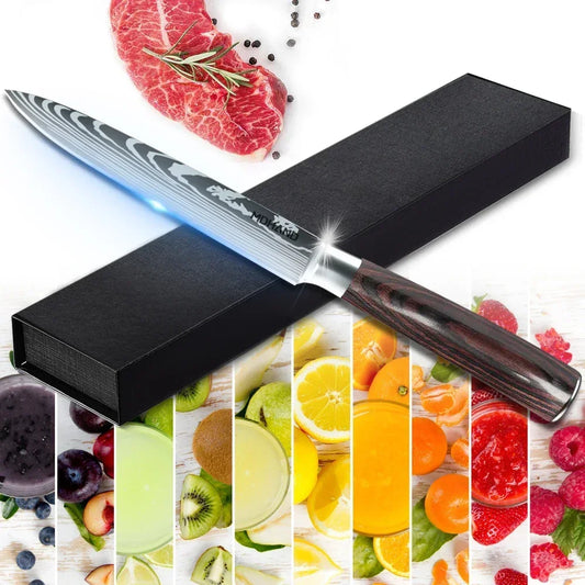 Fruit Fish Steak Knife Chef Cleaver Meat Chop Boning Knife Wooden Handle Laser Damascus