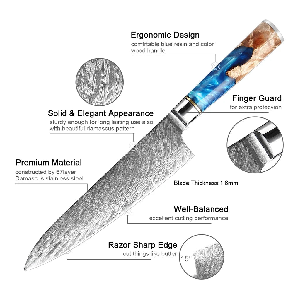 Chef Knife Exotic Touch of  Blue Resin Handle